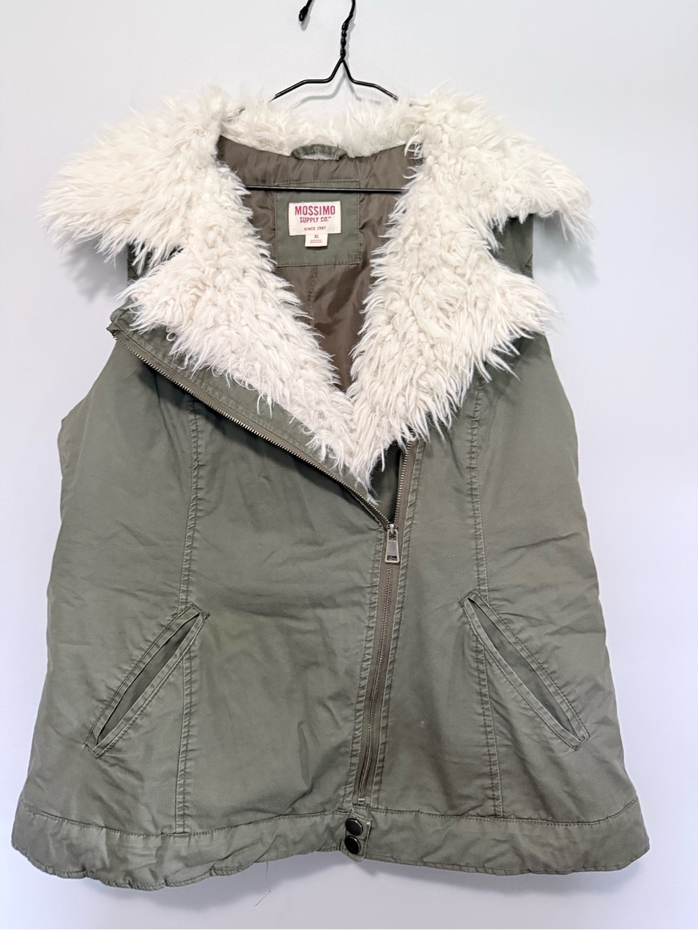 Mossimo Supply Co. XL Olive Green Vest with Cream Faux Fur Trim